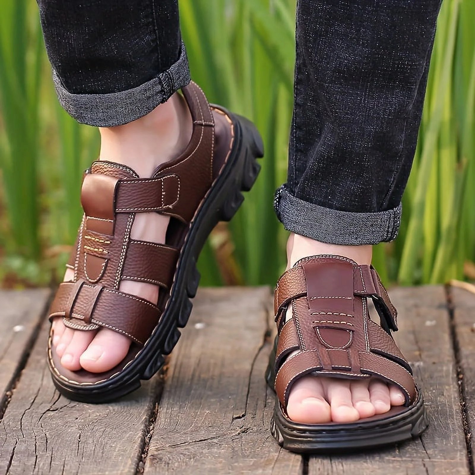 Italian Style Open shoes Outdoor Ergonomic Non-slip Thick-soled Cowhide Leather Men Sandals - Image 19