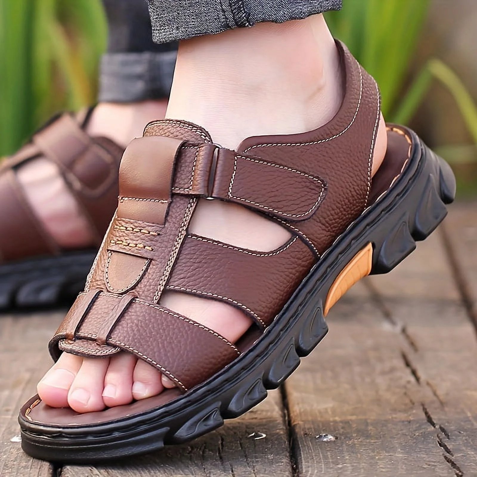 Italian Style Open shoes Outdoor Ergonomic Non-slip Thick-soled Cowhide Leather Men Sandals - Image 23